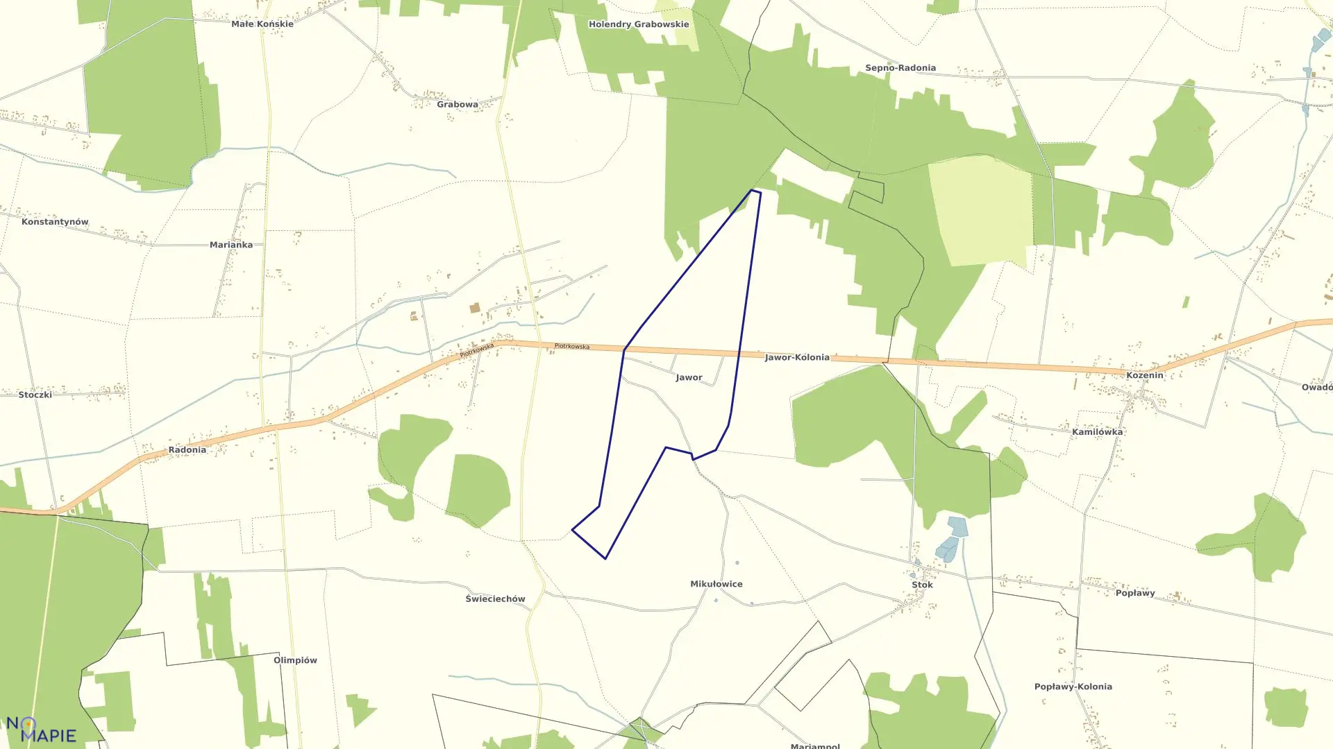 Mapa obrębu JAWOR w gminie Mniszków